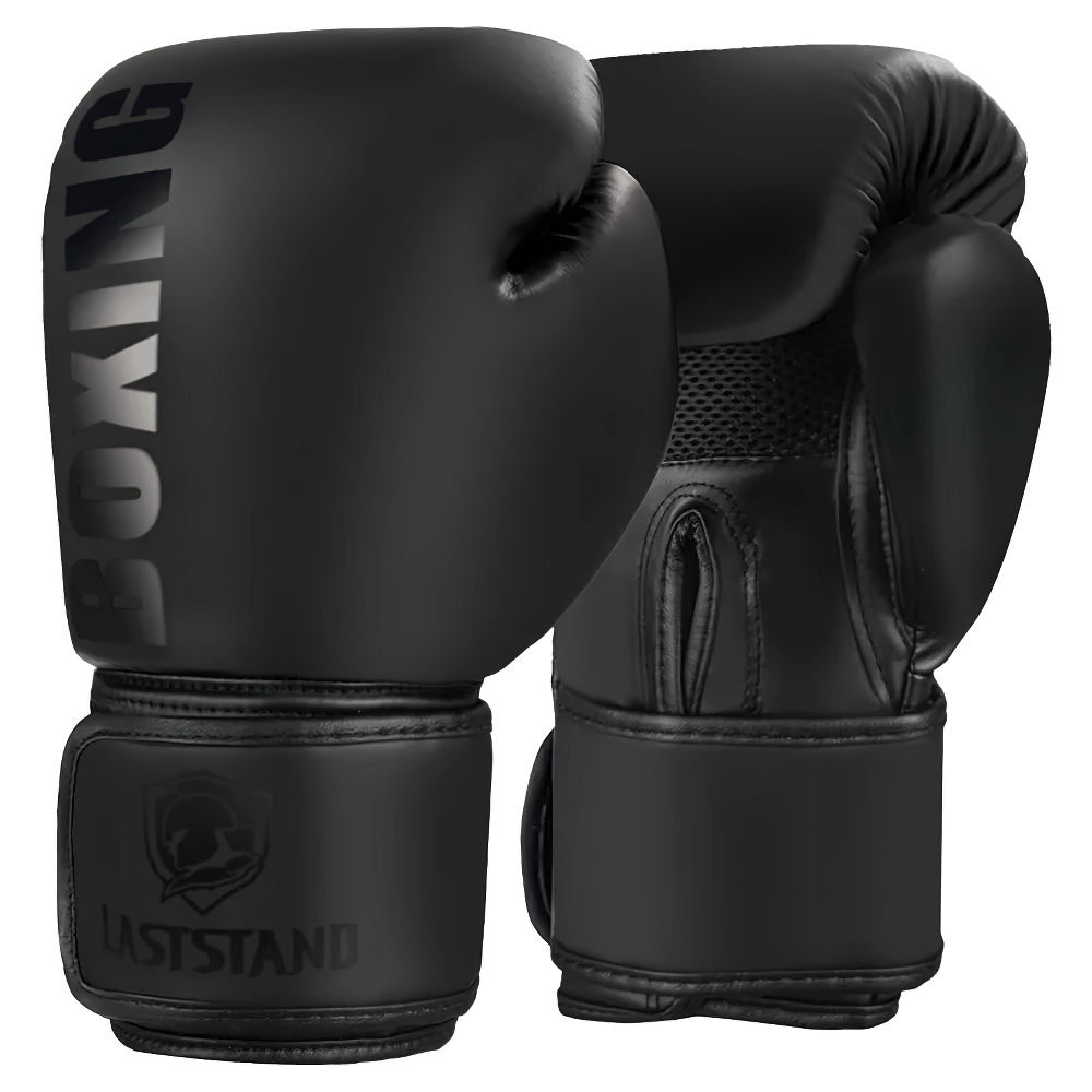 Black boxing gloves with wrist support for training; ergonomic, durable design with breathable mesh panels for optimal performance.
